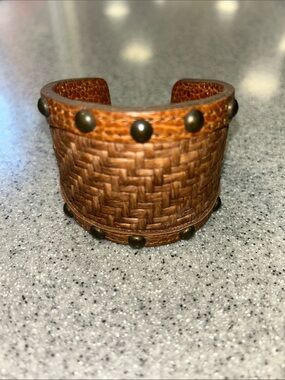 KEMESTRY rattan and Leather Woven Cuff Bracelet - Brown
